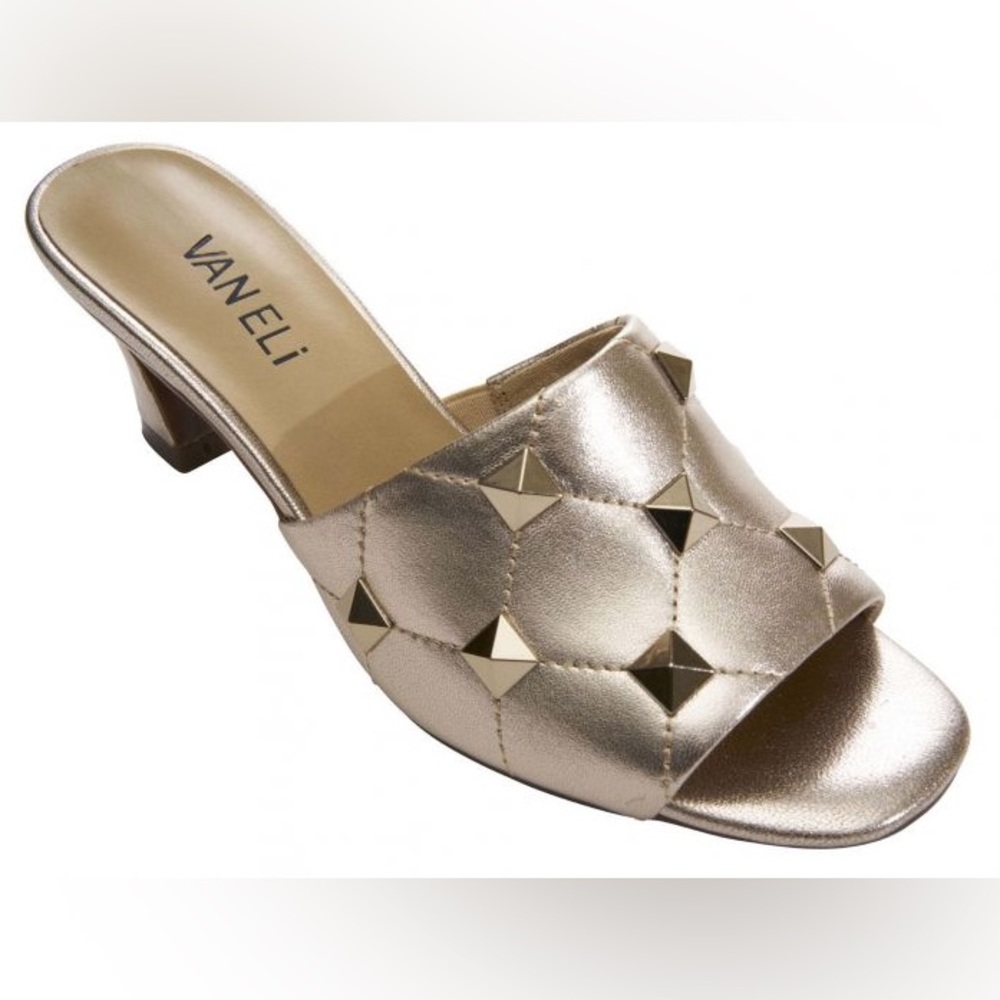Vaneli Golden Leather Heeled Sandals with Pyramid Studs size 8 NWT
